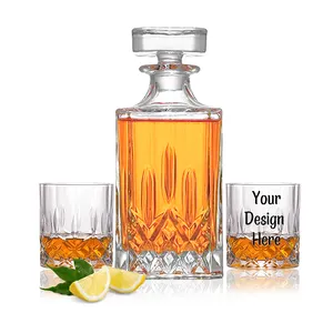 750ml 26oz kare viski sürahi şişe seti sıcak satış 2024 özel Logo cam bardak şişeleri hediyeler kutu seti düz şarap likörü