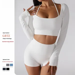 Haut de sport et de yoga à manches longues, uni, moulant, coupe ajustée, style débardeur à bretelles spaghetti et col rond, collection Printemps-Été - Product Image 2