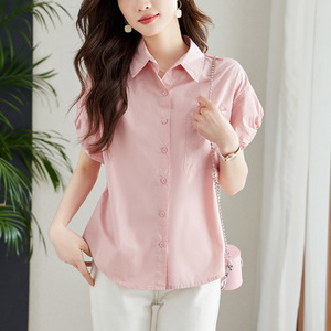 <span class=keywords><strong>Camicia</strong></span> in Cotone Azzurro Chiaro da <span class=keywords><strong>Donna</strong></span> a Maniche Corte, Nuova Collezione Estate 2026, Top con Maniche a Sbuffo, Design in Puro Cotone - Product Image 3