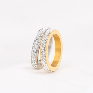 yunniqueFashion <b>Rings</b> <b>Titanium</b> Steel Gold Plated Double Row Full Diamond Pave Setting Engagement Unisex Jewelry - Product Image 2