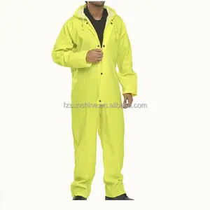 เสื้อคลุมทำงานกันน้ำมีฮู้ด,พร้อมแผ่นสะท้อนแสง PU Saturn Yellow Rain Coverall