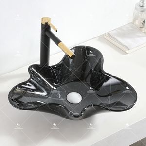 Lavabo hecho a mano de encimera negra con forma especial de grano de mármol blanco, lavabo de cerámica para Baño - Product Image 1