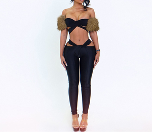 Completo Donna Primavera Autunno: Top Corto con Inserti in Pelliccia + Pantaloni Lunghi, Set Due Pezzi Sexy da Club - Product Image 1