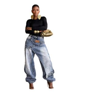 Quần jeans denim lưng trung, phong cách đường phố, nhanh khô, thiết kế phá cách, phối mảng vá, nhiều lớp, giặt mài - Product Image 4