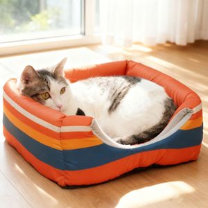 Cat House Striped Fabric Foldable Enclosed Pet <b>Bed</b> For Cats All Season Warm Indoor Use - Product Image 2