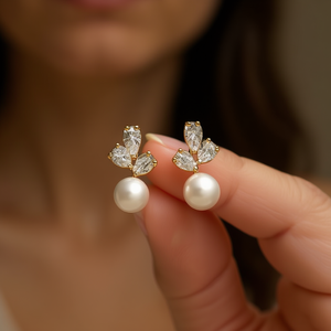 Orecchini a perno E3888 con perle dorate, design floreale con diamanti taglio marquise, in oro massiccio 18K, gioielli classici da donna per matrimonio - Product Image 2