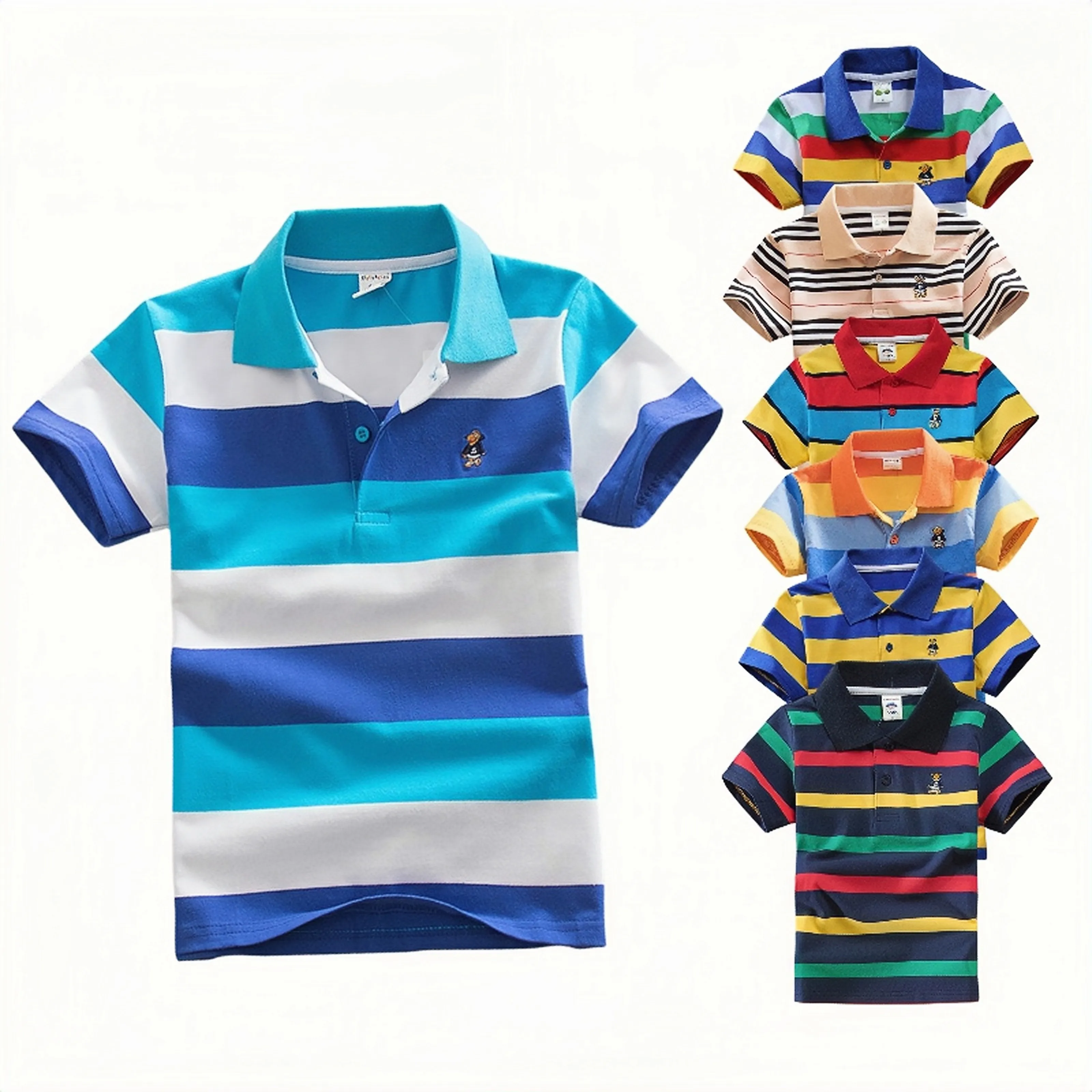 2023 Mới Thời Trang Polo T-Shirt Cho Bé Trai Sọc Đồng Bằng Trống 2-15 Năm Mùa Hè Trẻ Em Tops Bé Polo Trẻ Em Áo Sơ Mi