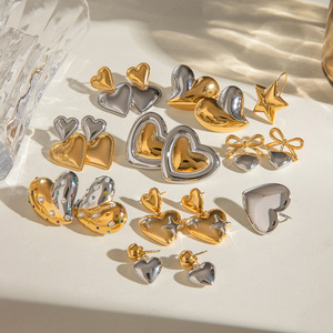 Boucles d'oreilles clous en acier inoxydable en forme de cœur, bicolores or et argent, bijoux fantaisie, coffret cadeau - Product Image 3