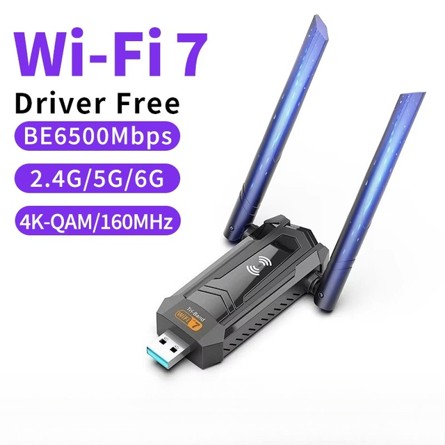6500Mbps WiFi-7 Wireless Network Card with USB3.0 Interface External for Desktop Use