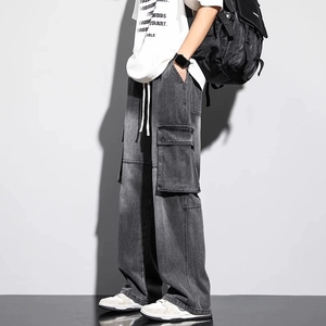 Jean à jambes larges et à grandes poches pour hommes, pantalon droit, décontracté, lavé à l'eau, ample et tubulaire - Product Image 1