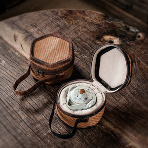 Bamboo Woven Teapot <b>Storage</b> Bag With <b>Cushioned</b> Interior For Portable Tea Travel Use - Product Image 1