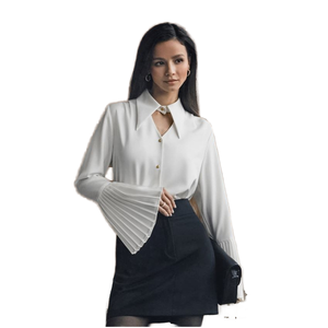 Blusa de Gasa Blanca para Mujer con Manga Trompeta, Puños Plisados, Cuello Camisero, Botones, Elegante, para Oficina, Corte Regular - Product Image 1