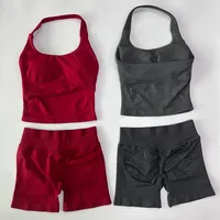 Ensemble de sport 2 pièces pour femme : Haut dos nu à licou et short taille haute sans couture ultra-extensible – Tenue de sport et d'entraînement