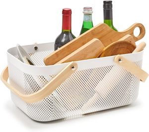 Panier de rangement rectangulaire en fil métallique avec poignée en bois, en fer et acier, pour fruits et légumes, usage quotidien, couleur et logo personnalisables - Product Image 4