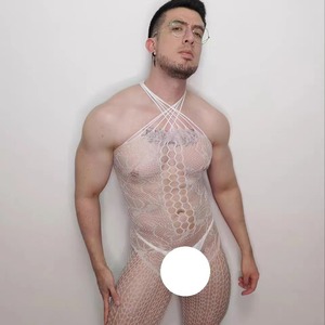Body sexy en résille pour homme, blanc, jacquard, entrejambe ouvert, une pièce, taille mi-haute, en Spandex et Nylon G043 - Product Image 1