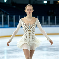 Robe de patinage artistique blanche à manches longues avec strass scintillants pour enfants et adultes, idéale pour les compétitions et spectacles sur glace