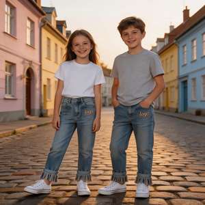 Jeans en denim à jambe droite pour enfants, avec franges à l'ourlet, effet délavé vintage, pour filles et garçons, personnalisation de <span class=keywords><strong>marque</strong></span> disponible - Product Image 3