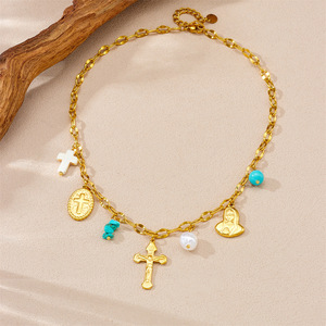 Gold Plated Stainless Steel Cross Pendant Necklace With Virgin Mary Pearl And Turquoise Charms For Religious Ceremonies Unisex - Product Image 3