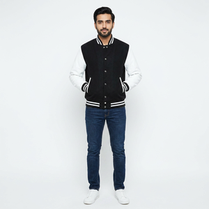 <b>Men's</b> Cool Vintage 100% Cotton Stand Collar Polyester Sleeves Breathable Front Winter Varsity Baseball Sports <b>Jacket</b> Wholesale - Product Image 1