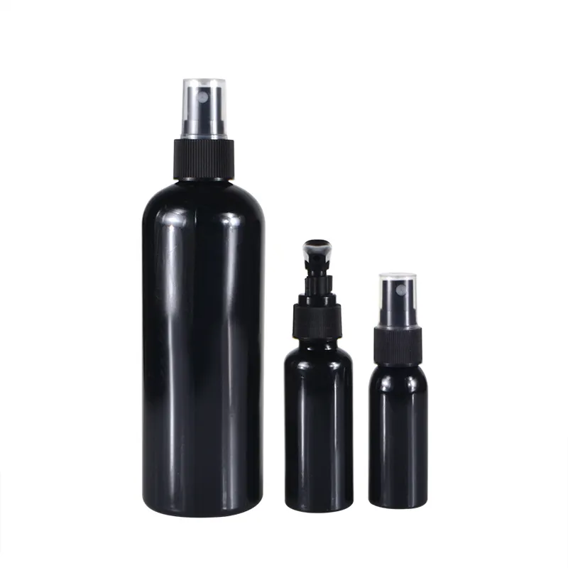 Botella pulverizadora de plástico negro PET, envase para cosméticos, 50ml, 100ml, 120ml, 150ml, 200ml, 250ml, 500ml