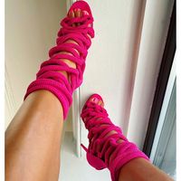 Sandales à talons hauts en PU à bout ouvert, couleur unie, tendance, talon fin, corde épaisse, podium, fête, sexy, lanières