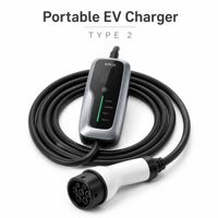 Chargeur EV portable KRJI en argent, station de charge Mode 2 avec prise Type 2, 16A-32A réglable, 3,5kW-22kW, utilisation domestique et extérieure
