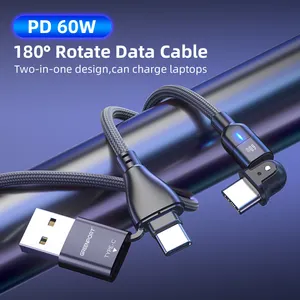 מסתובב מחשב נייד מטען כבל 60W USB C כדי סוג C ניילון קלוע כבל 2 ב 1 שני + C צורת L 90 תואר USB נייד טלפון מטען