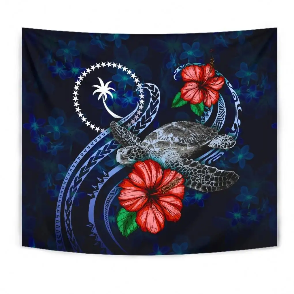 Chuuk Polynesian Tapestry - Blue Turtle Hibiscus Printed Bedding Twin Bedspread Hand Made Wall Hanging Tapestries Wholesale