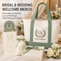 Sac fourre-tout en toile personnalisé avec broderie couronne de lauriers, vert sauge, sac à main bateau avec poche avant pour mariage, douche nuptiale, vacances