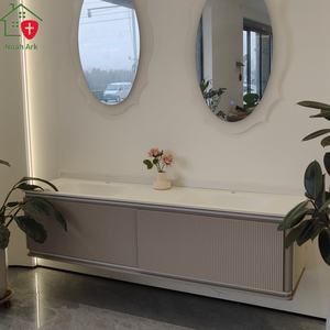 Meuble-lavabo de salle de bain gris froid moderne avec finition laquée en mélamine, lavabo double blanc, double miroir, style hôtel - Product Image 4