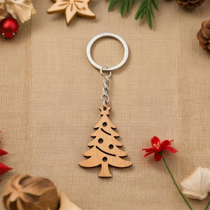 Laser Cut Natural Wood Christmas Tree Keychain Cute Holiday Key Ring & Freestanding Ornament Accessory