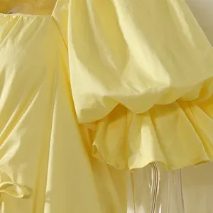 Robe ample et fine à longueur moyenne, tenue polyvalente à la française, avec col Diagonal, en jaune citron et manches à bulles, cordon de serrage, nouvelle collection été 2020