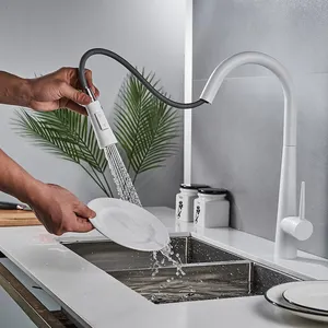 Kommerzielle Kupfer Rotation Ausziehbare Waschbecken Wasserhähne Einhand-Mischbatterie Weiße Farbe Küchen wasserhahn