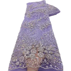 Le plus récent tissu de dentelle de broderie de paillettes de paillettes violet clair luxe 3d tissu de dentelle de fleur perlée pour la robe