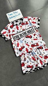 Ensemble 2 pièces pour tout-petits, broderie smockée à la main, haut à manches courtes avec broderie « Fire in the Hole » et <span class=keywords><strong>short</strong></span> à carreaux <span class=keywords><strong>noir</strong></span> et blanc pour garçons - Product Image 5