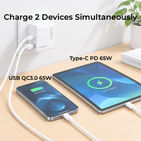 Pengisi Daya Cepat GaN 65W Colokan UK YG65 Layar Digital USB C Adaptor Daya PD 65W Port Ganda untuk Laptop Tablet Ponsel