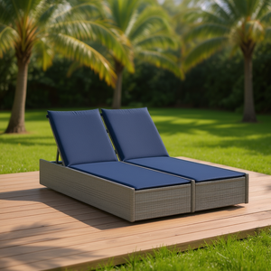 Lettino Doppio Prendisole Blu Navy Grigio in Rattan PE per Esterni con Cuscino Incluso Design Moderno - Product Image 2