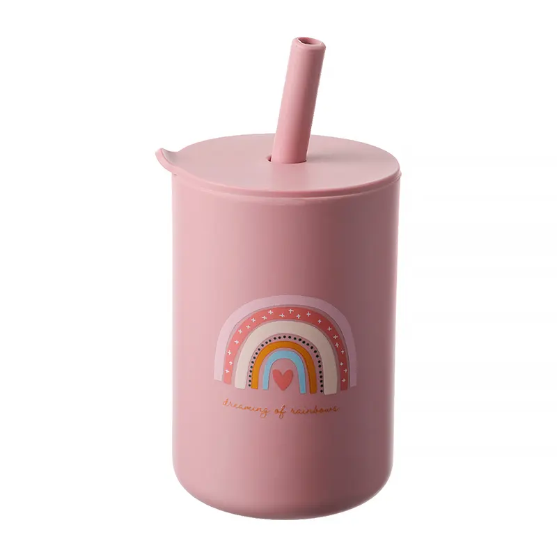 Haute qualité arc-en-ciel de qualité alimentaire Silicone bébé tasse prix eau potable paille Sippy tasse pour bébé Silicone tasses de noël