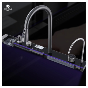 Évier de cuisine moderne en acier inoxydable intelligent de luxe à <span class=keywords><strong>cascade</strong></span> nano noir à cuve unique <span class=keywords><strong>avec</strong></span> robinet et vanne en laiton - Product Image 5