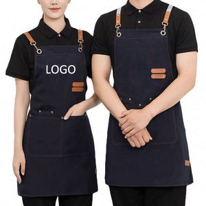 Custom Logo Sleeveless Cross Back <b>Kitchen</b> Bib Chef <b>Apron</b> 3 Pockets Sustainable Cotton Canvas for Restaurant Bar Cafe Uniform - Product Image 3
