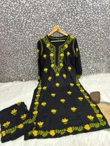 Black Summer <b>Chikankari</b> Rayon Plazo set hand embroidered work on Kurti India wholesale manufacturer kurtis women in india - Product Image 2