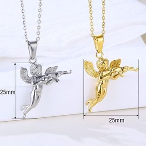 Hiphops Acero inoxidable <span class=keywords><strong>Angel</strong></span> Gun Jewelry 18K Chapado en oro Cuerda Cadena Mujeres Hombres 3D Revenge <span class=keywords><strong>Angel</strong></span> Colgante Collar - Product Image 3