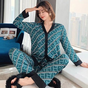 奢华冰丝睡衣套装女式春季开衫真丝睡衣长袖裤子可在客厅外穿居家服 - Product Image 1