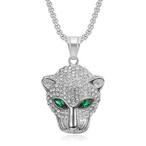 Yunnique – collier avec pendentif tête de léopard en acier inoxydable, avec yeux verts, serti pavé, bijoux unisexes pour fête, accessoire de mode - Product Image 5