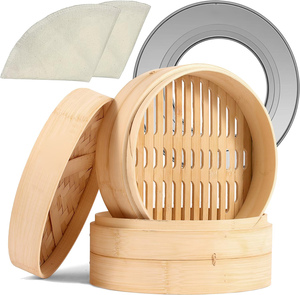 10-Inch 2-Tier Bamboo <strong>Steamer</strong> Basket for Cooking Dim Sum, <strong>Momo</strong> and Bao Buns with Stainless Steel Ring <strong>Set</strong> - Product Image 1
