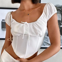 T-shirt d'été décontracté en tissu tricoté écoresponsable Spandex/Polyester, col carré, manches courtes, coupe classique, uni brodé