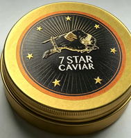 Étiquette personnalisée de luxe pour boîte de caviar en papier texturé imperméable avec impression UV sélective et gaufrage à chaud or sur aluminium