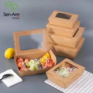 Senang08畅销透明包装饼干寿司带窗带走一次性环保牛皮纸食品盒