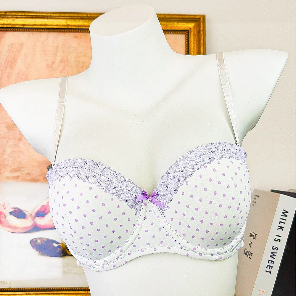 Pengsheng Polka Dot Half-Cup Bra Printed Lace Bow Convertible Straps Strapless Lingerie Push-Up Underwire Bralette