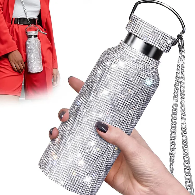 Botella de agua de diamante brillante para mujer y niña, frasco de agua con tapa de diamante brillante, con cadena